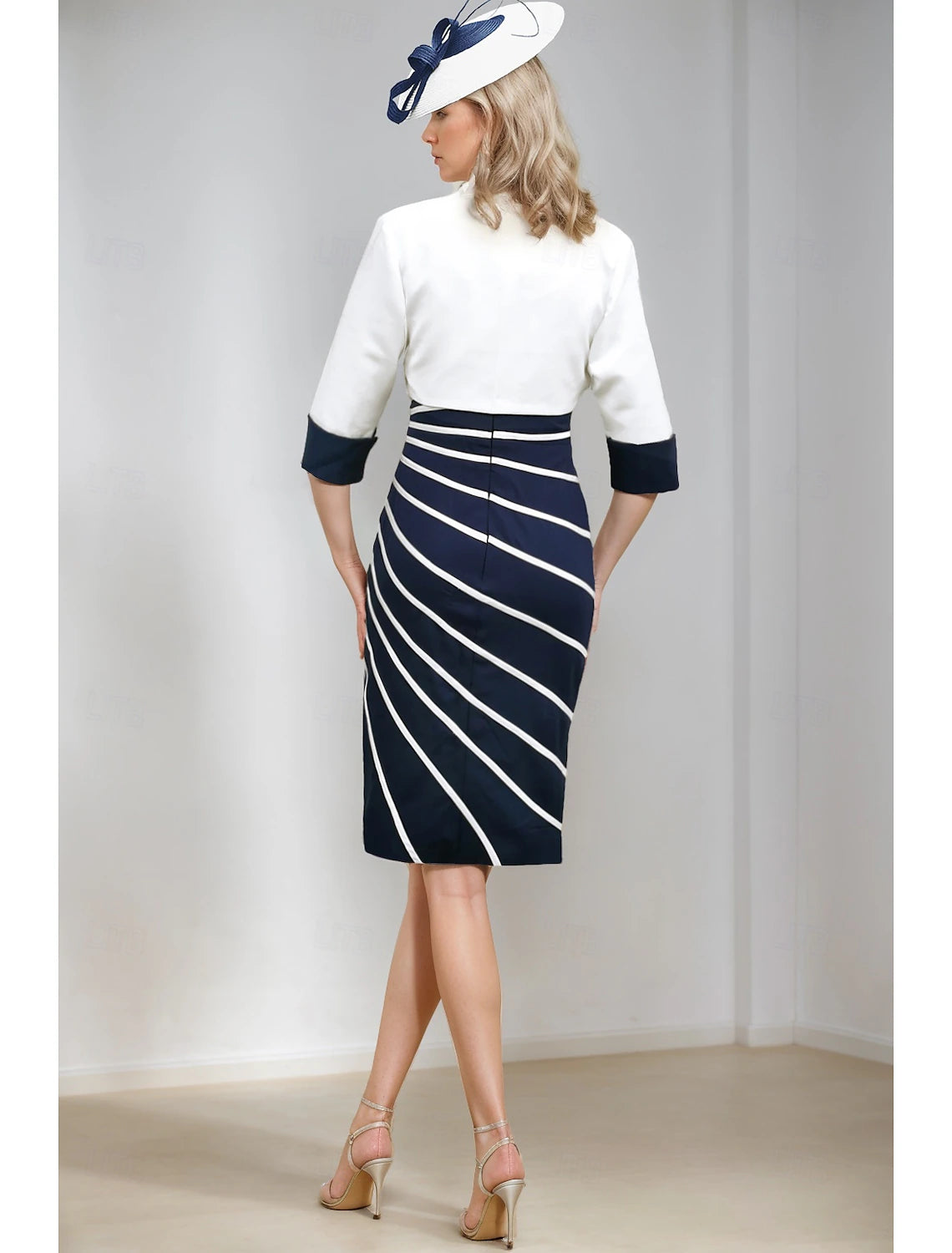 Buyishang Two Piece Sheath Mother of the Bride Dress Elegant V Neck Knee Length Stretch Fabric Cap Sleeve Jacket Dresses with Crystals Color Block